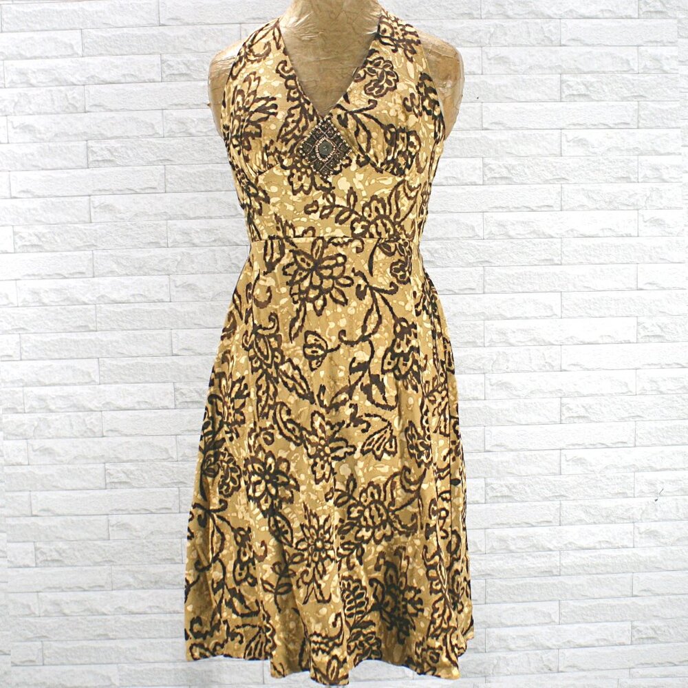 MADISON LEIGH Dress Halter Brown Floral Tie Dye Beaded Cutout Midi Size 8